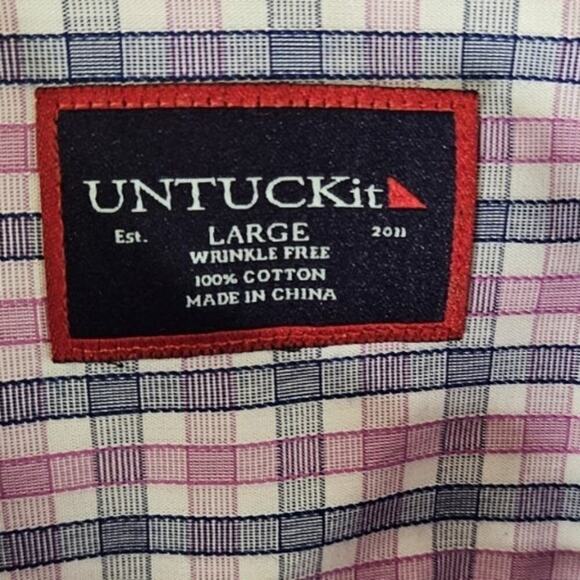 UNTUCKit Button Down Dress Shirt Blue Plaid Mens Size L Performance Pink Blue - Picture 4 of 5